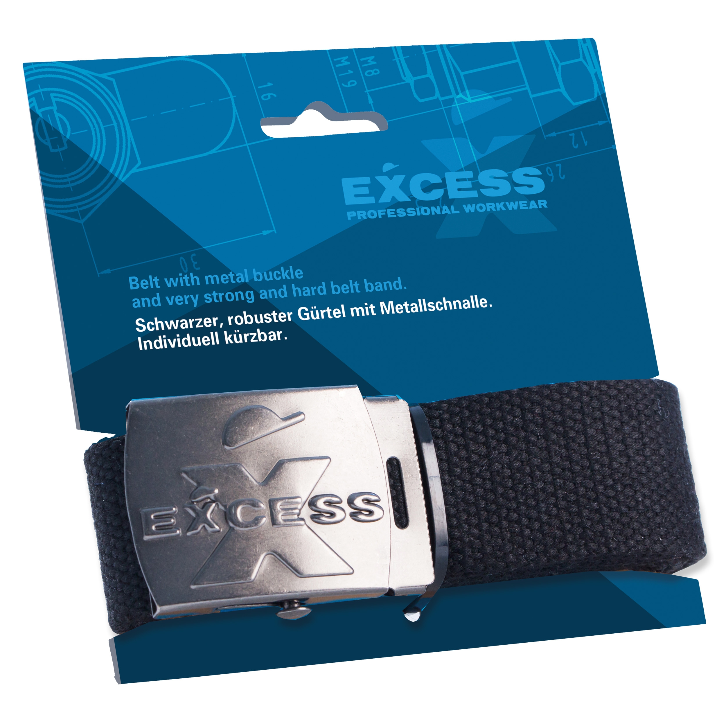 Schwarzer Stoffgürtel mit silberner Metallschnalle, EXCESS Logo-Prägung und blauer Verpackungskarte.