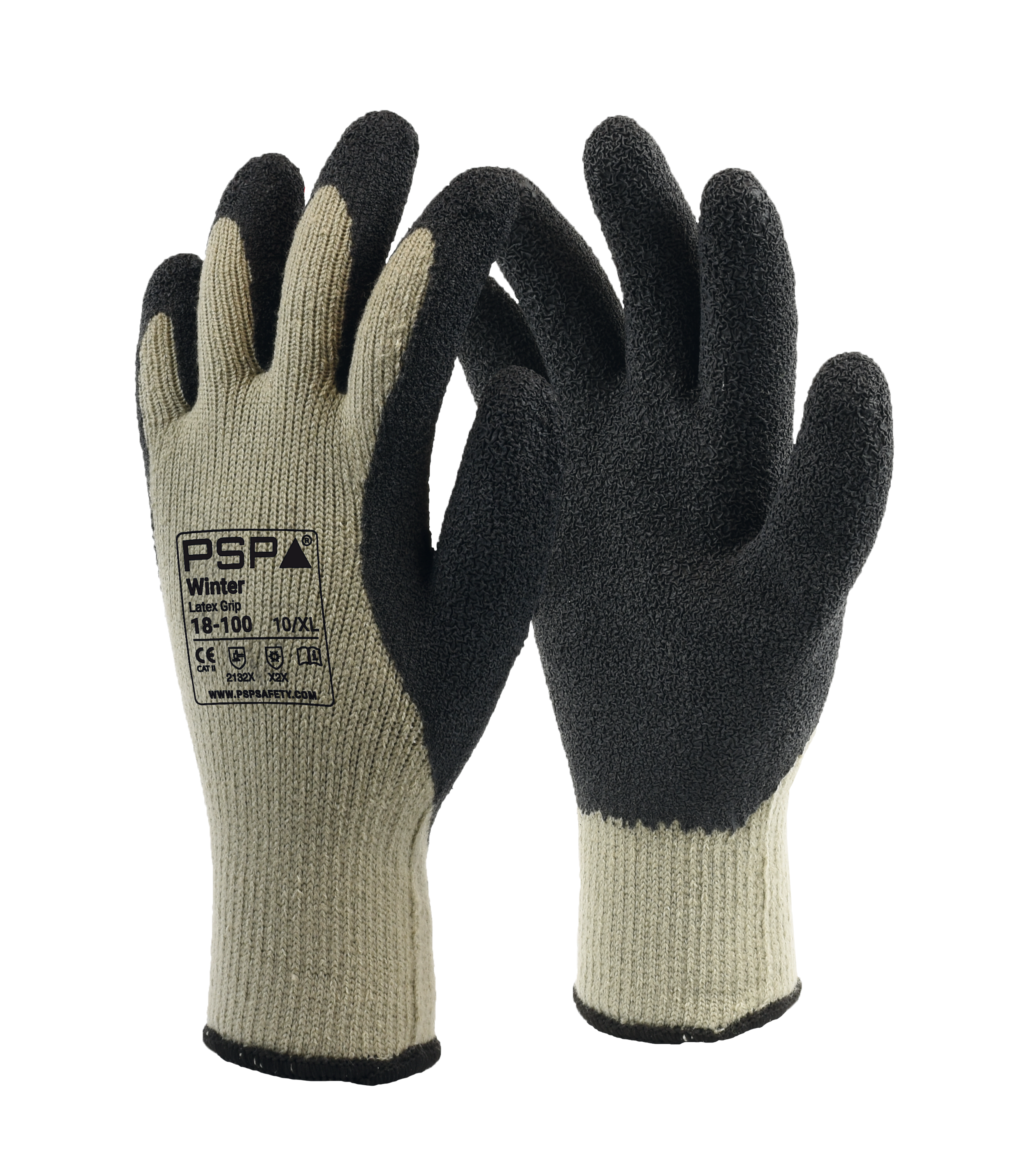 Paar PSP 18-100 Winterhandschuhe mit grauem Acrylfutter und schwarzer Latexbeschichtung für Kälteschutz und rutschfesten Halt.